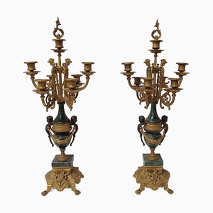 Candelabras in Verde Delle Alpi Marble and Bronze, 1950s, Set of 2