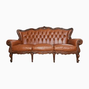 Antikes Sofa aus braunem Leder & Nussholz