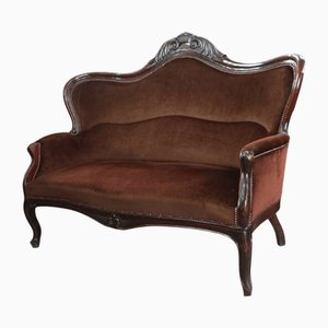 Antique Brown Velvet and Walnut Sofa