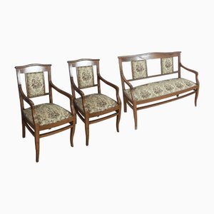 Living Room Sofa and Armchairs in Wood and Fabric, Set of 3