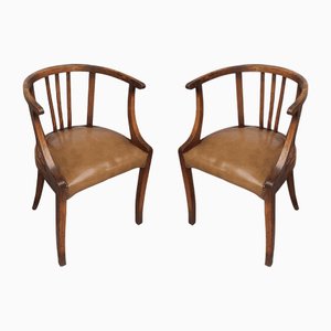 Tub Chairs in Wood and Leather, Set of 2