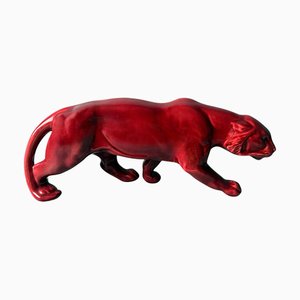 Art Deco Fremch Saint-Clément Panther in Glazed Red Ceramic, 1930s