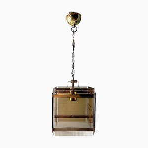 Italian Modern Brass Pendant with Beveled Smoked Glass, 1970