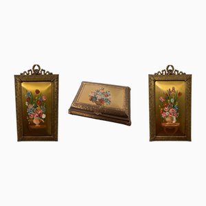 Barockes Schmuckkästchen und Bilderset aus Goldenem Neusilber, 3 . Set