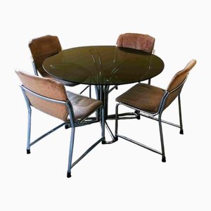 Mesa y sillas de acero con tablero de vidrio de Giotto Stoppino, años 70. Juego de 5