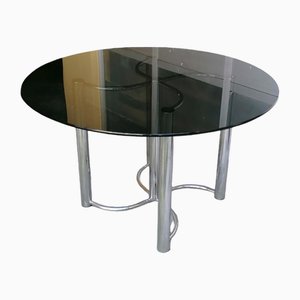 Mesa redonda de acero y vidrio negro de Giotto Stoppino, años 70