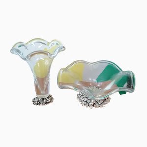 Murano Vase and Fruit Bowl with Silver Plated Resin Base, 1980s, Set of 2