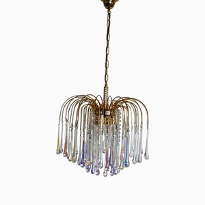 Lampadario a goccia in metallo placcato oro in vetro di Murano, anni '70