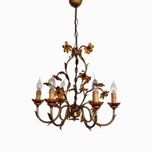 Lustre Fleur en Métal Plaqué Or et Cristal, 1970s