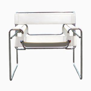 Chaise B3 Wassily Vintage en Cuir Blanc par Marcel Breuer pour Gavina, 1969