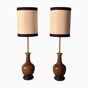Chinese Crackle Glazed Porcelain Lamps with Wooden Base and Lampshades, 1950s, Set of 2