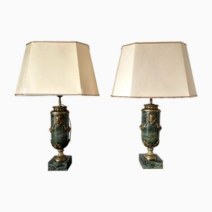 Lampes de Bureau en Marbre Vert et Bronze Doré, Set de 2