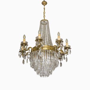 Lámpara de araña vintage grande estilo Imperio de cristal de 12 luces, años 50