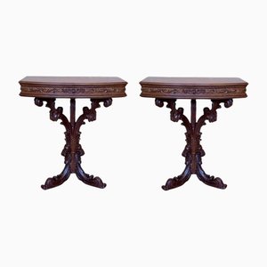 Carved Pedestal Nightstands with Drawers, 1910s, Set of 2