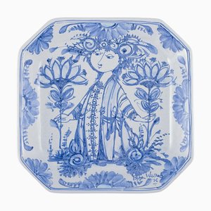 Plat Octogonal ou Plaque Murale The Blue House en Grès par Bjørn Wiinblad, 1976