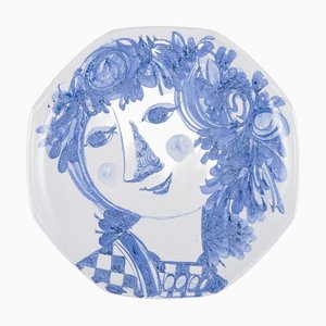 Plat Octogonal ou Plaque Murale The Blue House en Grès par Bjørn Wiinblad, 1977