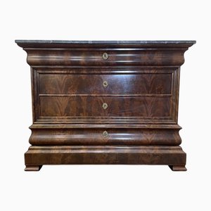 Louis Philippe Period Chest of Drawers in Mahogany and Mahogany Veneer with Grey Veined Marble
