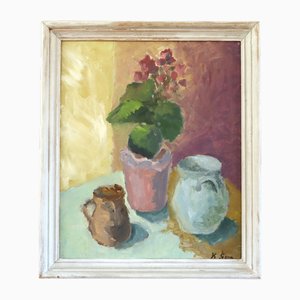 Geraniums & Jugs Interiors, 1950s, Wood, Framed