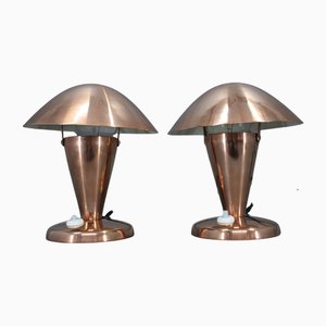 Bauhaus Mushroom Table Lamps in Copper Finish, Former Czechoslovakia, 1930s, Set of 2