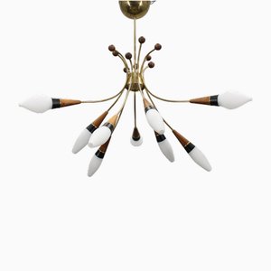 Brass, Teak and Opaline Glass Chandelier by Rupert Nikoll, Austria, 1960s