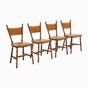 Sillas Mid-Century de roble y paja, años 50. Juego de 4