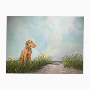 Tranquil Beach Dog in Coastal Landscape, Blue Sky & Clouds, 2025, Painting on Panel