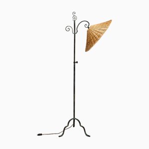 Wrought Iron Floor Lamp with Rattan Shade by Harald Notini, Böhlmarks, Sweden, 1930s