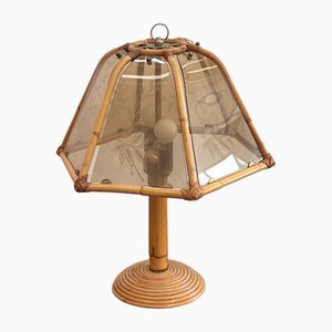 Rattan, Bamboo and Glass Table Lamp, 1970s