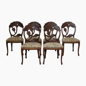 Art Nouveau Revival Hand‑carved Dining Chairs with Floral Seats, 1990s, Set of 6
