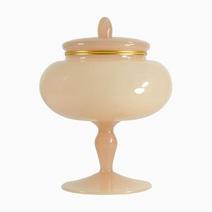 Plato italiano con tapa de vidrio rosa opalino, Murano, Italia, años 50