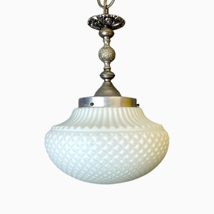 Art Nouveau Style White Opaline Glass and Brass Chandelier, 1960s