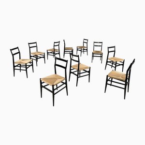 Mid-Century Modern Italian Black Wood and Straw Chairs by Gio Ponti for Cassina, 1960s, Set of 10