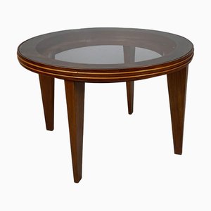 Mesa de centro italiana Art Déco redonda de madera con tablero de vidrio, años 30
