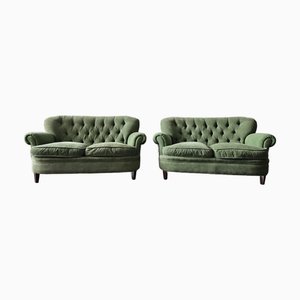 Vintage Chesterfield Style Sofas in Green Fabric, Set of 2