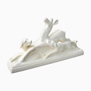 Figura de perro y ciervo francesa Art Déco de cerámica de Berlot Mussier, años 30