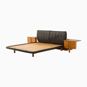 Lit avec Tables de Chevet en Noyer et Cuir Noir par Afra et Tobia Scarpa pour Molteni Marlo, Italie, 1970s