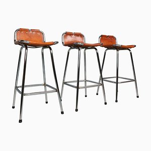 Taburetes de bar de cuero atribuidos a Charlotte Perriand para Les Arcs, años 60. Juego de 3