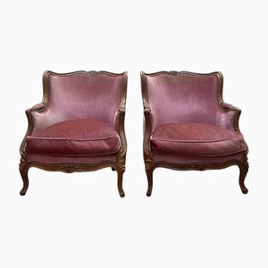 Louis XV Style Bergère Armchairs in Pink Velvet, Set of 2