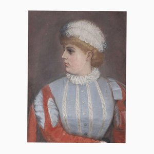 Dama con un vestito blu dal colletto arruffato, metà XIX secolo, tela