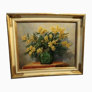Mimosa dans un vase en poterie, huile sur toile, encadrée