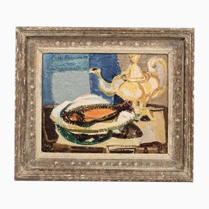 Tetera y arenque ahumado, años 50, óleo sobre tabla