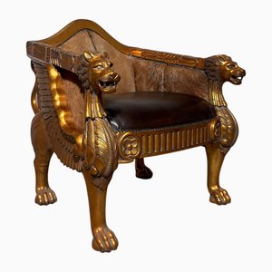 Regal Lion Throne Armchair in Cowhide and Gilded Detail