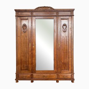 Antique Art Nouveau Wardrobe with Mirror in Oak, 1910