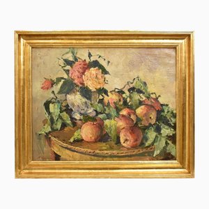 Maceta con rosas y frutas, años 20, óleo sobre lienzo, con marco