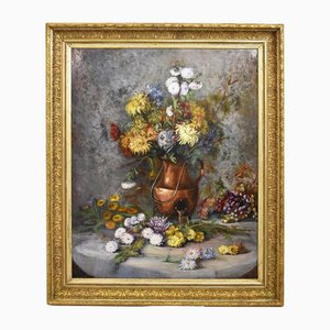 Dahlias and Chrysanthemums Flowers, 1890s, Oil on Canvas, Framed