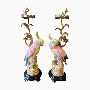 Yellow and Pink Porcelain and Bronze Parrot Candlesticks by Gand & C, Set of 2