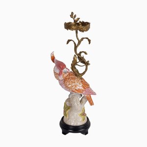 Coral Colored Porcelain and Bronze Parrot Candlestick by Gand & C
