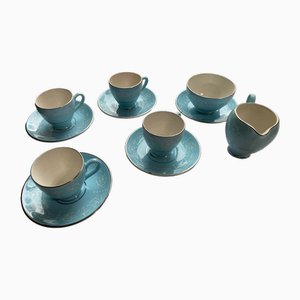 Baby Blue Pottery Coffee Cups and Saucers with Milk Jug and Sugar Bowl from Arklow, 1950, Set of 11