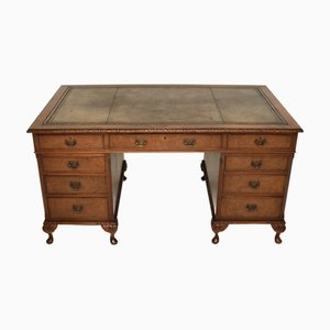 Vintage Burr Walnut and Leather Top Pedestal Desk, 1930