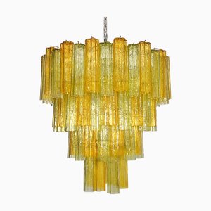 Large Vintage Green and Amber Murano Glass Tiered Chandelier, 1990s